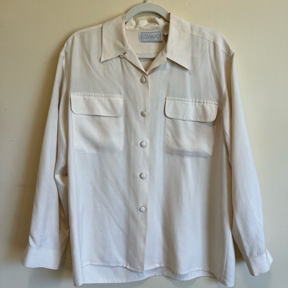 100% Silk Edward Women's Cream Button Down Shirt